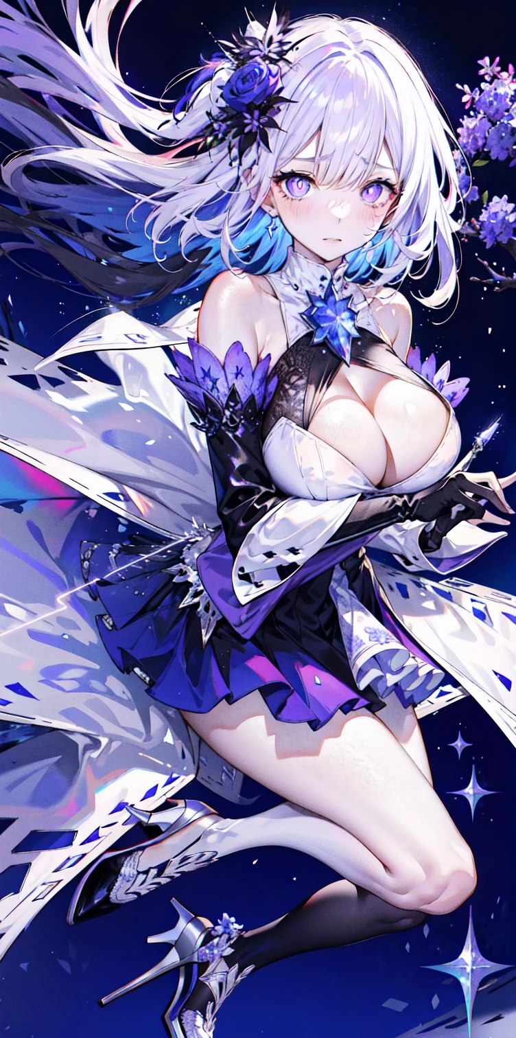 ((masterpiece:1.4,best quality)),(Super detailed),(Extremely detailed eyes),(black leggings,Shiny socks:1.5),Hello Darkness
(Cute girls),,(Blood-red pupils,Diamond-shaped pupil:1.15),Purple Eyeshadow,(elongated hair,Thick hair,Single ponytail,shiny hair:1.5)(Changes through:1.2),despair,sad,Empty eyes,tears streaming down my face,tilting its head to the side,
(She wore a blue dress,:1.5),(Black gloves:1.4)Very long plush sleeves,White,White Cloud,Dream bubbles ,Ice and glitter effects
(Black long skirt:1.1),
((Starry Sky:1.2)),
(Intense black and white:1.16),(Depth of Field:1.4),,Intricate details,(((Detailed background,Castle in the Sky,Purple flowers by the lake))),(((Huge breasts,Bare breasts,Deep cleavage,White stiletto high heels)))