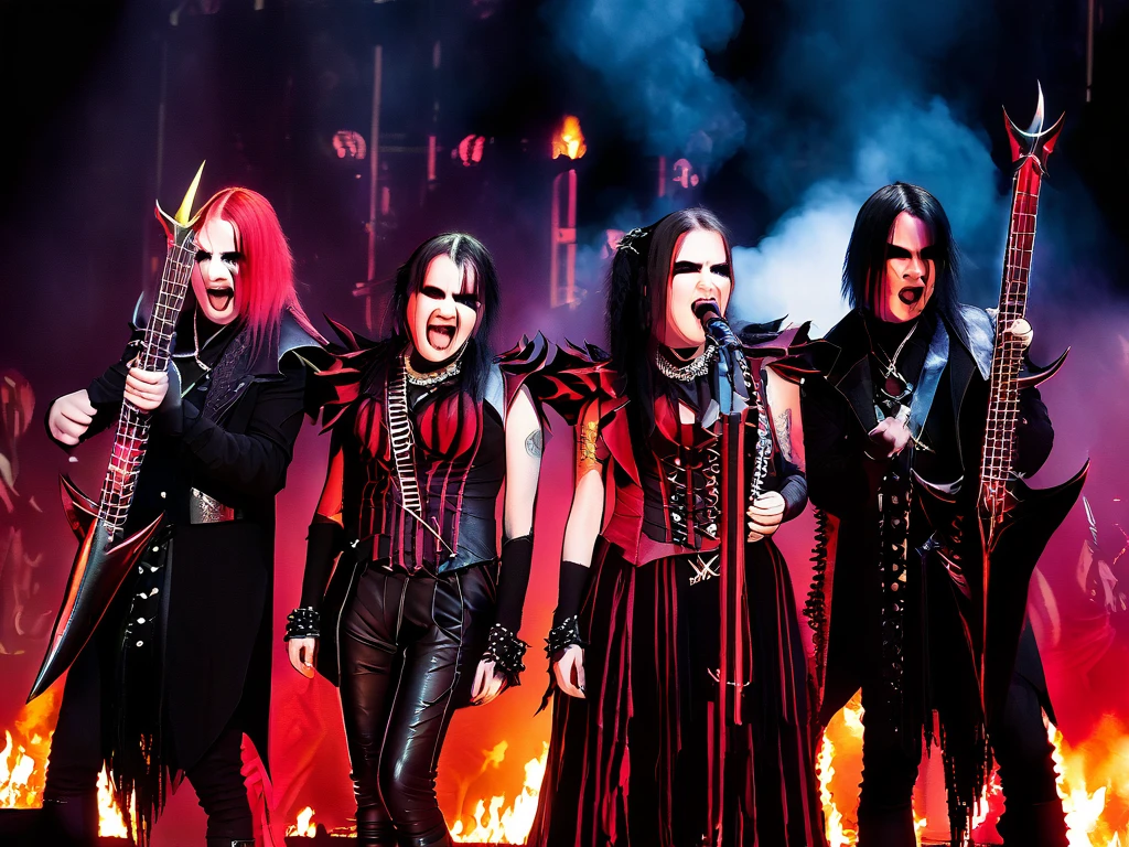 Female rock band "Besheniki", 3 adorable goth girls, death metal, Gothic metal, concert with colorful special effects, A lot of flame, (gothic outfits, Skin, black and red colors), many enthusiastic listeners, concert in Rammstein style, Nightwish, Dynamic scene, Dynamic viewing angle 