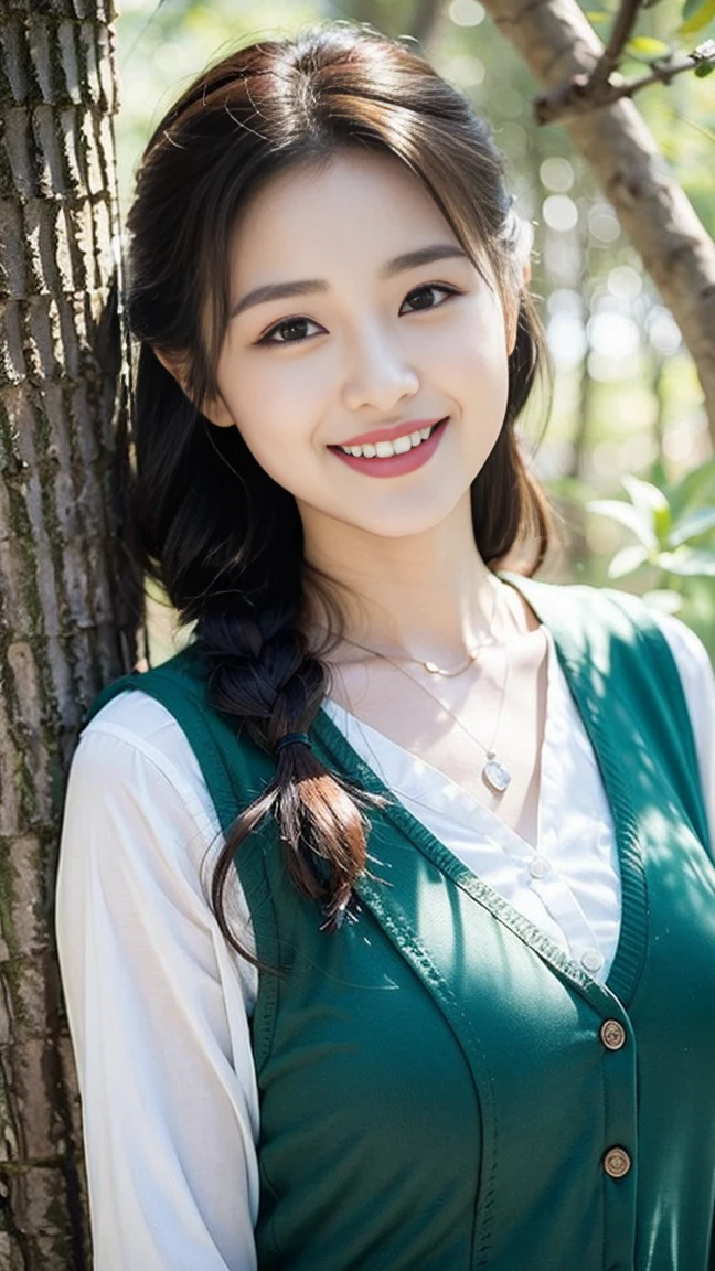 Close-up of beautiful Korean woman, 36 inch chest size, Smile, Wearing a patterned vest, necklace,(A girl in the forest),