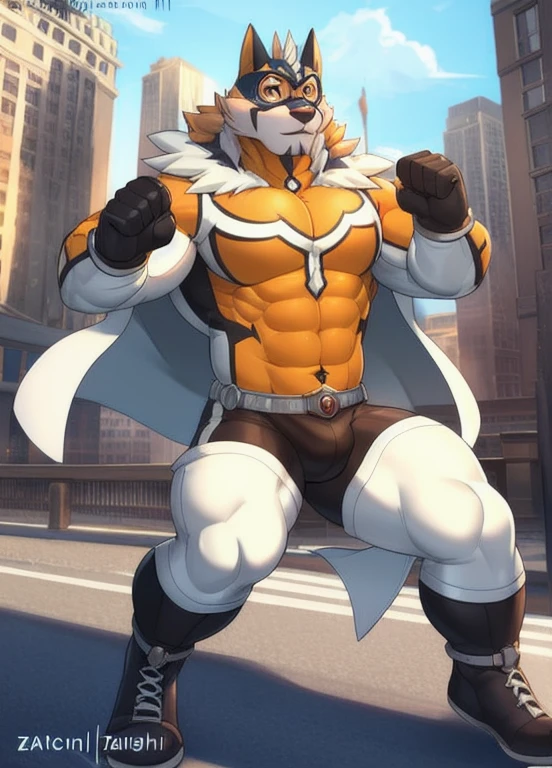 ryekie, solo, (soft shading), 4k, hi res, ((detailed face, detailed eyes, detailed)), (full body), by zackarry911, by zaush, (by personalami:0.5), gloves, cape, mask, mature male, (bara), muscular male, bodysuit, skin tight, orange bodysuit, bulge, city, bulge, fighting stance, white cape, red eyes