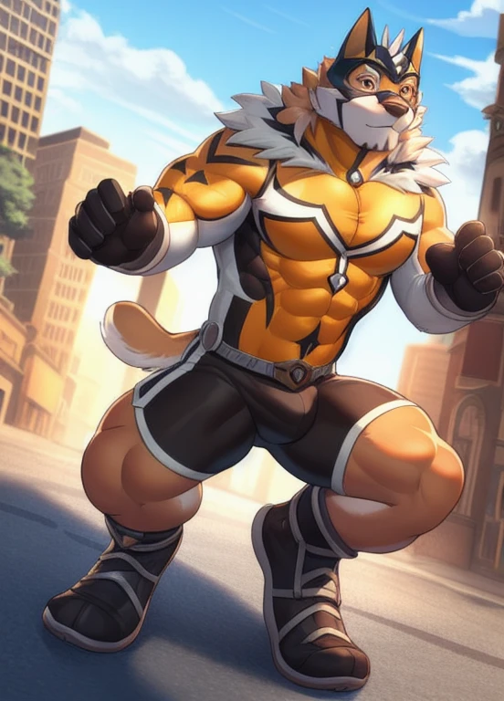 ryekie, solo, (soft shading), 4k, hi res, ((detailed face, detailed eyes, detailed)), (full body), by zackarry911, by zaush, (by personalami:0.5), gloves, cape, mask, mature male, (bara), muscular male, bodysuit, skin tight, orange bodysuit, bulge, city, bulge, fighting stance, white cape, red eyes