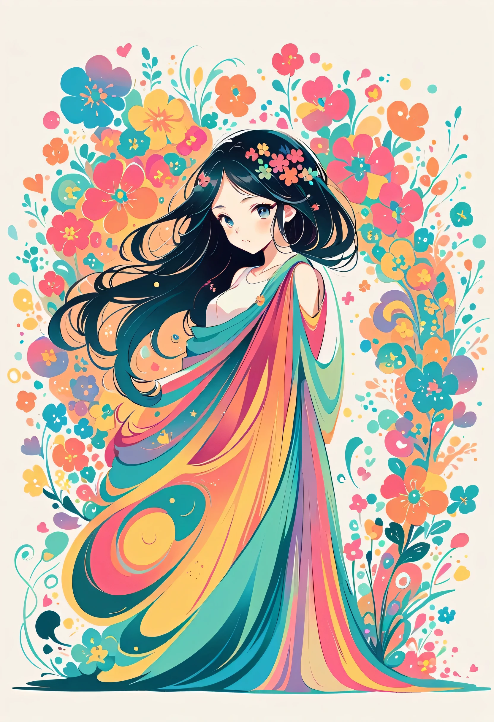 Yuusuke Nakamura style, Standing in front of a high wall，Simple Line Initialism，Abstract art，Urban Background, (((The most beautiful girl))), Lips in Love, colorful flowers