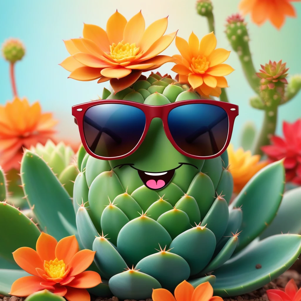 happy succulent with sunglasses, Blume auf seinem Kopf, in der Herbstsaison, Illustration, keine Menschen, Betrachter betrachten, Allein, portrait, Vektorgrafiken,