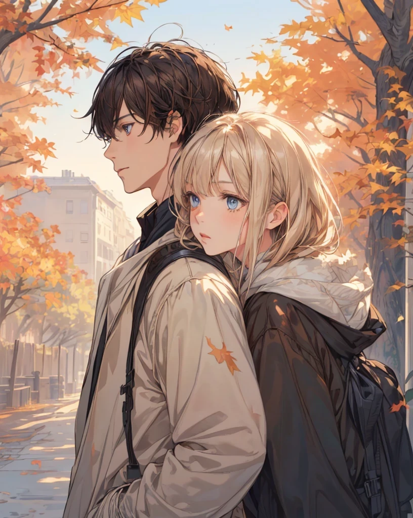 ((masterpiece,best quality)),1girl, bangs, blue eyes, autumn background, branch, ((light brown weavy)) hair girl, ((White)) hair boy, dappled sunlight, flower, from side, ((modern autumn style)), leaf, (maple leafs blowing around)), obi, outdoors, sash, solo, sunlight, upper body