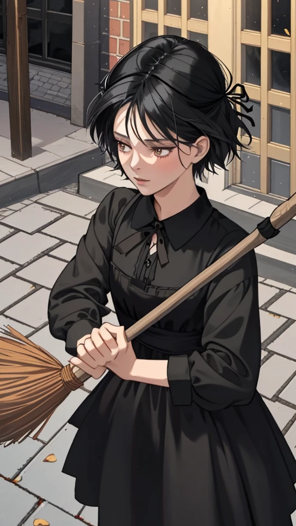Ghibli-style animation. The Witch's Delivery Service. In the streets of Sweden. A girl. A black dress. Black hair. Short cut. A big red ribbon on her head. A broom in her hand. High quality.