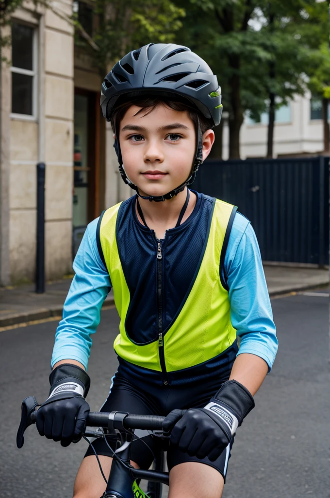 Boy with helmet and gloves and on a cycle, wearing a vest