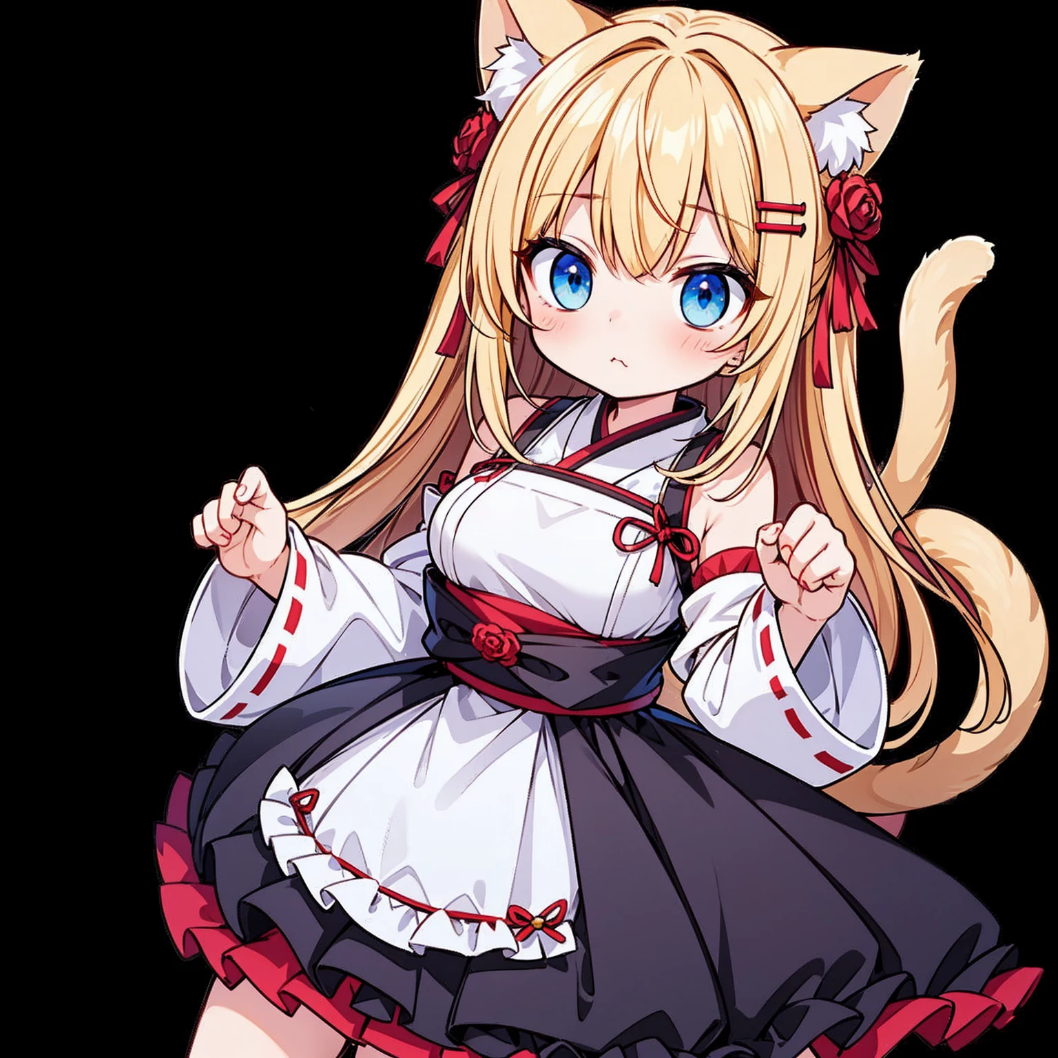 blonde hair, odd red and blue eyes, young, big breasts, hair ornament, animal ear hair, cat ears, (only one cat tail: 1.4), super fluffy, drilled twin tail hair, blushing, surprised facial expression, (wears a Japanese-style dress. wears a rose hair ornament on the side of the head), simple white background, (top camera: 1.2), (complex: 0.7), (high detail: 1.3), (Unreal Engine) :1.3), (Sharp Focus, Masterpiece, Top Quality, 4K, 2K, Shaded, Absurd Resolution), [Suspicious Content]