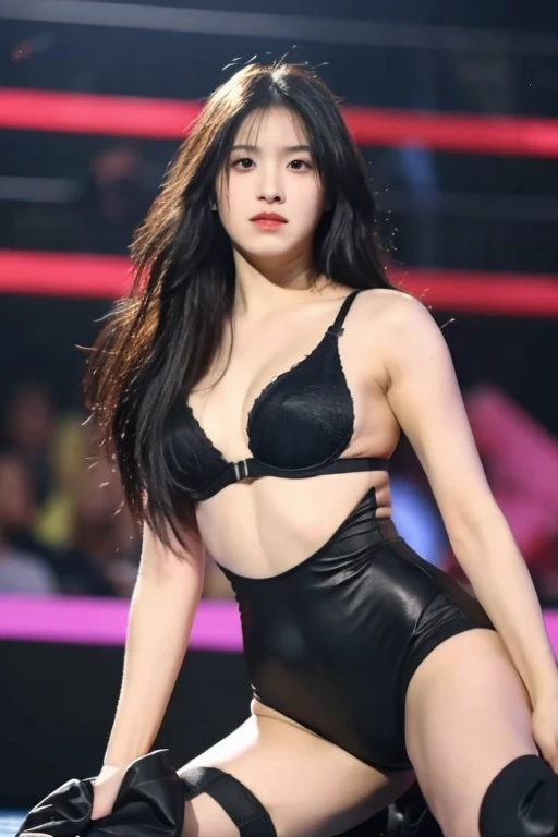 ((best quality)), ((masterpiece)), (detailed), 1girl, beautiful straight black long hair , seductive gaze , perfect body , sexy pose  , black bra , boots , wrestling gear  , ring stage background 