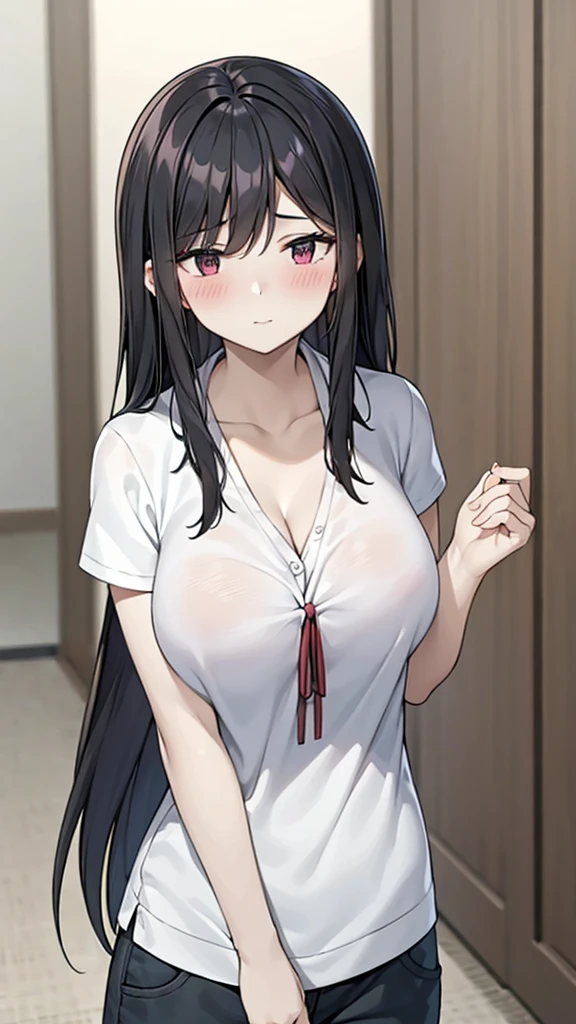 1 girl, mature women, long hair, black hair, Messy hair, sleepy eyes, busty saggy breast, cute shy blush on