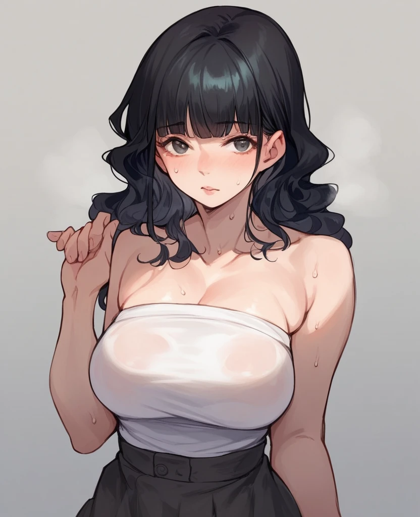 hyperrealistic anime,curvy seductive woman,(tareme),long black hair,blunt bangs,wavy hair,tubetop white blouse,short skirt,see-through stall,make-up,at coffice,sweaty,look at viewer