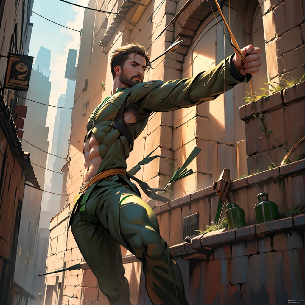 In movement ,in action , 8k, high quality , very well detailed face , detailed fingers ,detailed muscles, detailed background, stephen amell as green arrow , wearing dark green outfit, showing a dark blond short hair WITH FADE AWAY , a well groomed facial hair , a bulge ,hunk and handsome, using his bow and arrow , aiming with his bow and arrow toward the ennemy,in action , jumping from roof to roof , in the air , with the quiver on his back full of arrows, background cityscape at DAY LIGHT