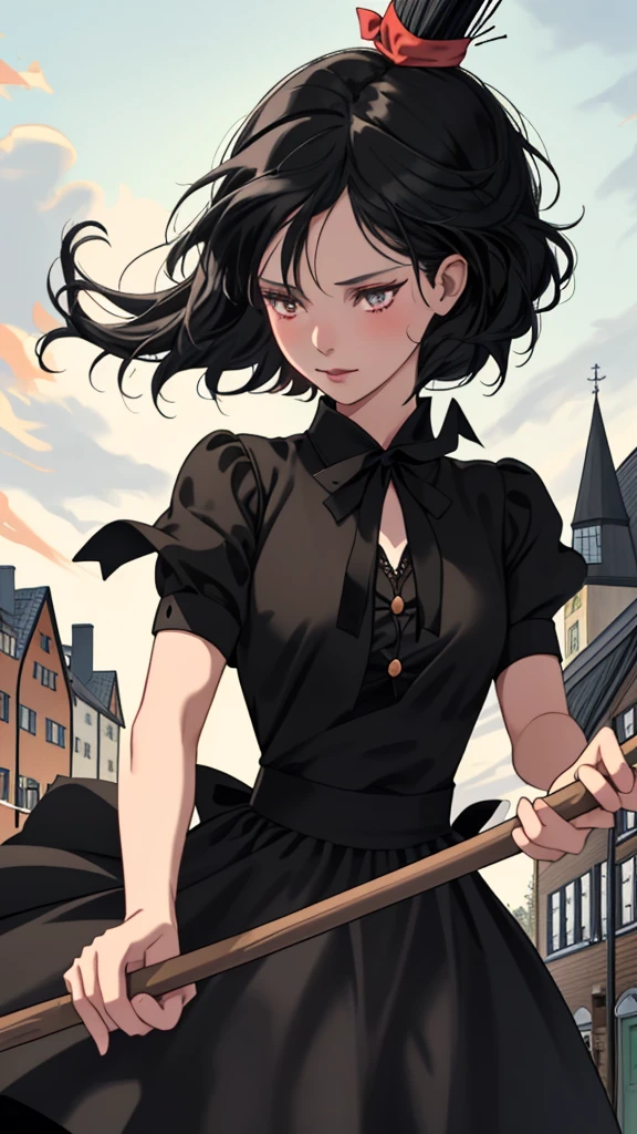 Ghibli-style animation. The Witch's Delivery Service. In the streets of Sweden. A girl. A black dress. Black hair. Short cut. A big red ribbon on her head. A broom in her hand. High quality. 4K quality