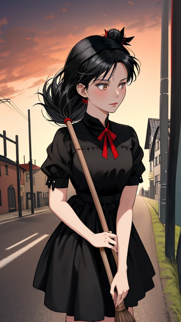 Ghibli-style animation. The Witch's Delivery Service. In the streets of Sweden. A girl. A black dress. Black hair. Short cut. A big red ribbon on her head. A broom in her hand. High quality. 4K quality