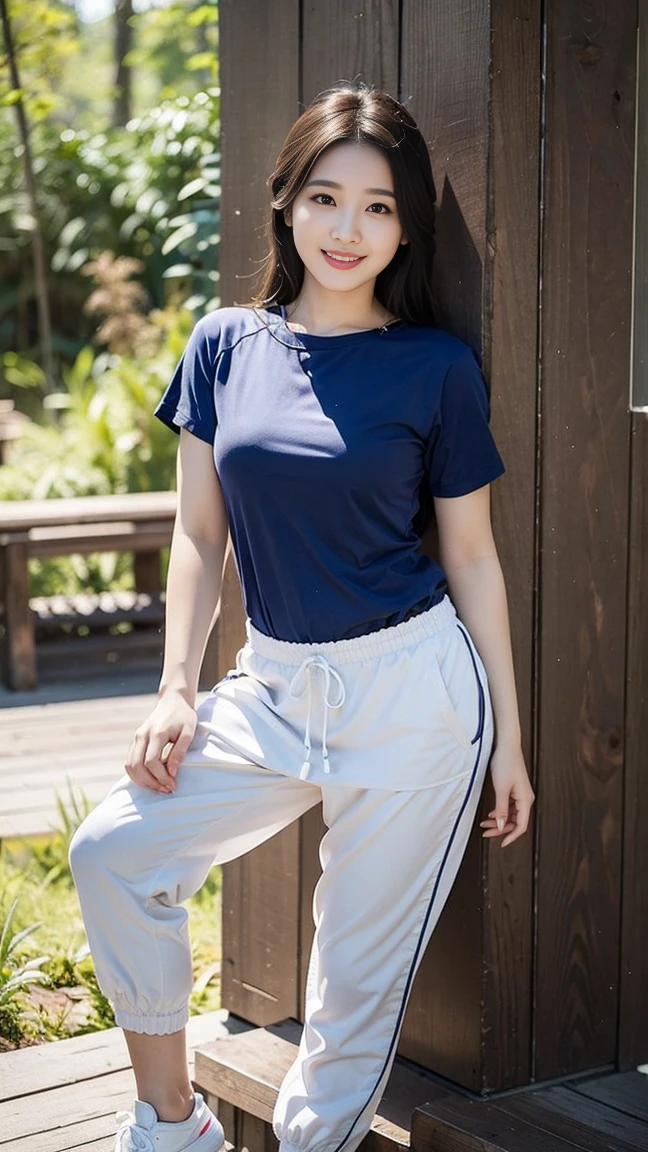 masterpiece, best quality, Surreal, Ultra Detailed, 8k resolution, RAW photos, Clear focus, (A girl in the forest), ((navy blue shirt:1.1)), Short sleeve, Long sweatpants,Full body posture, Solitary, Perfect body, Become a, 32 inches in the chest,(a charming smile:1), (sexy pose),26 years old, light,White shoes
