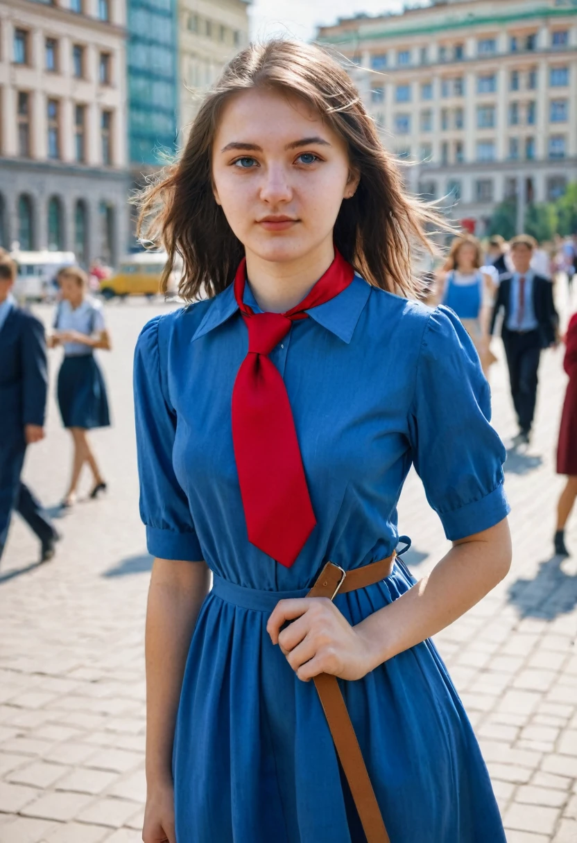 Photo of a girl 20 years old, university student in the USSR. Red tie around the neck and blue dress. Photo taken in the city, to the streets.
