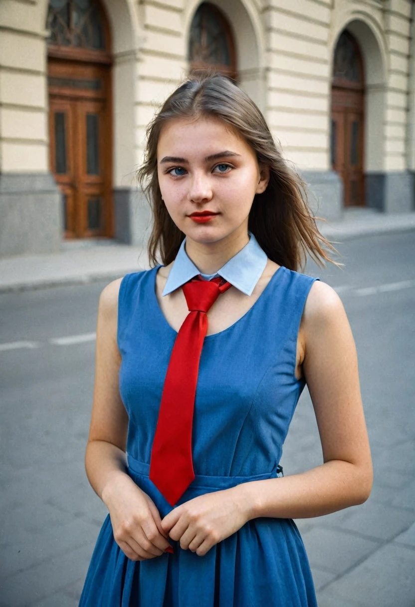 Photo of a girl 20 years old, university student in the USSR. Red tie around the neck and blue dress. Photo taken in the city, to the streets.
