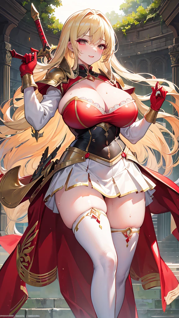 Sexy,plump figure,Glamorous,long golden hair,lipstick,Face red,Huge Breasts,cleavage,Sweat,Sunlight,Female warriors,battlefield,Green lace chest armor,White skirt,stockings,High heel,Arm armor,Holding sword in left hand,Holding a buckler in the right hand,Smile,Half-length photo,Close-up photo