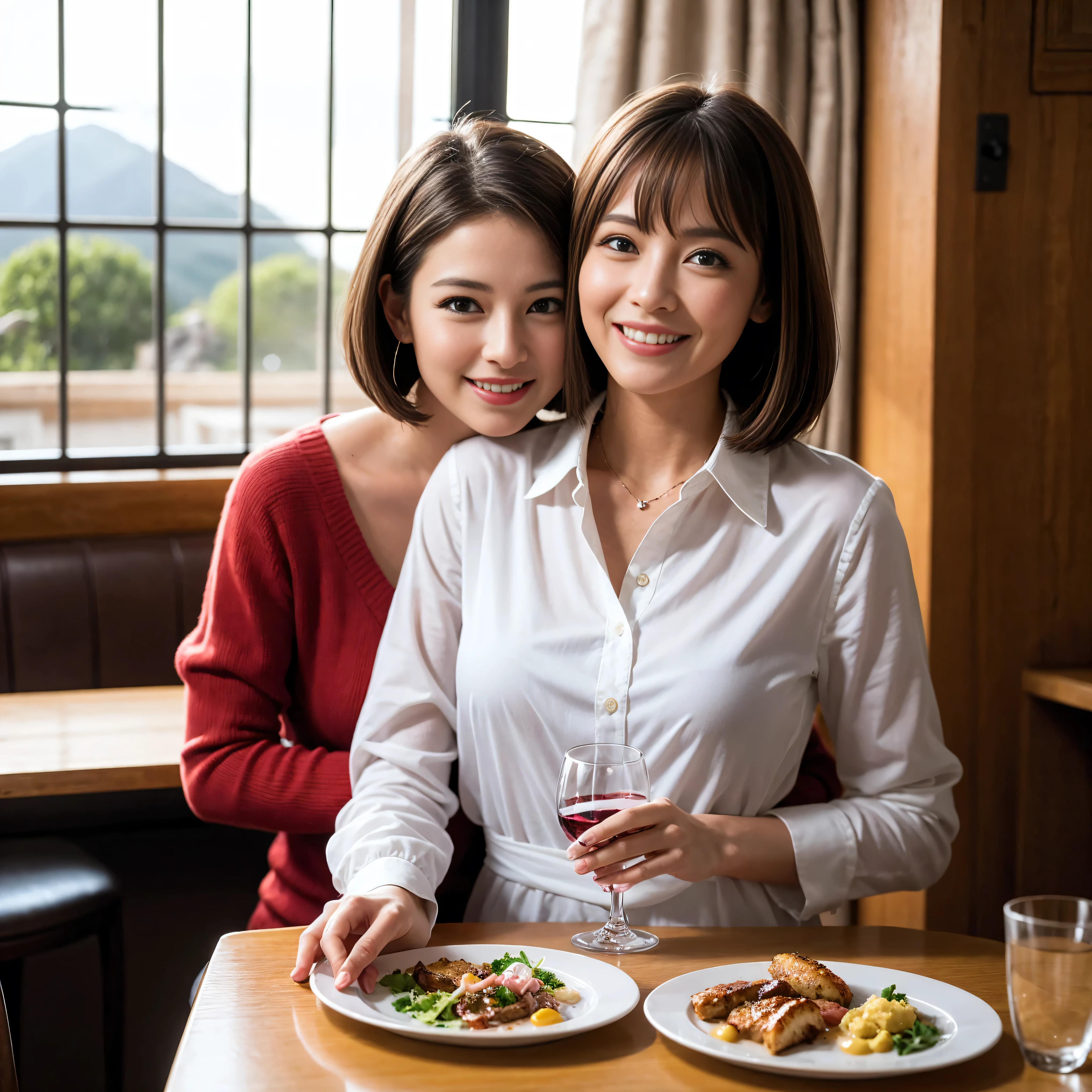 ((highest quality、8k、masterpiece:1.3))、1 male、1 female、Couple、spouse、Couple、The body is slim、((Bob Hale、Straight hair:1.2)), (Realistic, Intricate details:1.2), Wine glass on the table、Put the light on your face、 Amazing view of the sunset sky and clouds、Amazing mountain views、A bright smile、The wonderfulness of smile、Bright image、The beauty of wine, Beautiful Face, blue eyes, The light shines on your face, Blushing, short hair,Bright Face、 (Age 37), 39 years old, red wine 、Appetizers、Italian food、Wine bottle、Champagne、sparkling wine、Two beauties、Brown Hair、Shortcuts、Long sleeve shirt、dress、Pretty Woman 1, (Slim face), (The body is slim), (Brown Hair), (Shortcuts), cheeks turn a little red,Attractive beauty、restaurant, In a prominent place (From the waist up) Nova Frog Style, actress, model, Upper Body, White wine, slim, wine glass, A wine glass placed in the center, smile, (smile: 1.15), Beautiful fine grain, Depth f/2,saturation, High Contrast, Strong light and shadow,Moist Body:1.5、3D texture、Delicate eyes、Brown Hair、The hair is very shiny、