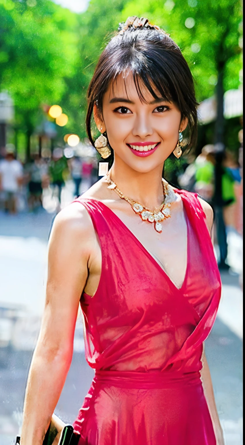 8k, masterpiece, RAW Photos, highest quality, Realistic, Highly detailed CG Unity 8k wallpaper, Written boundary depth, Cinematic Light, Lens flare, Ray Tracing, (Very beautiful face, Beautiful Lips, Beautiful Eyes), Exquisitely detailed face, ((Highly detailed skin)) One Girl, In the Dark, Deep Shadow, Cute Asian Girl, Throb,(Very slim, Toned, muscular body:1.3), ((Viewer Display)),(Big smile:1.3), (Cityscape, The background is blurred), (Dim lighting, roof, terrazzo), pretty girl, Earrings, Bangles, necklace, Clear Eyes, walk , Front image, (Pale skin), look forward to, (Big eyes), ((Full Body Shot)), ((black silk tie)), ((Transparent red gown:1.3)), (Brown Hair) (Viewer Display:1.3), (Lace-up panties), Open chest, Mid-chest, Shiny , (See through, Pink Gown :1.3), terrazzo
