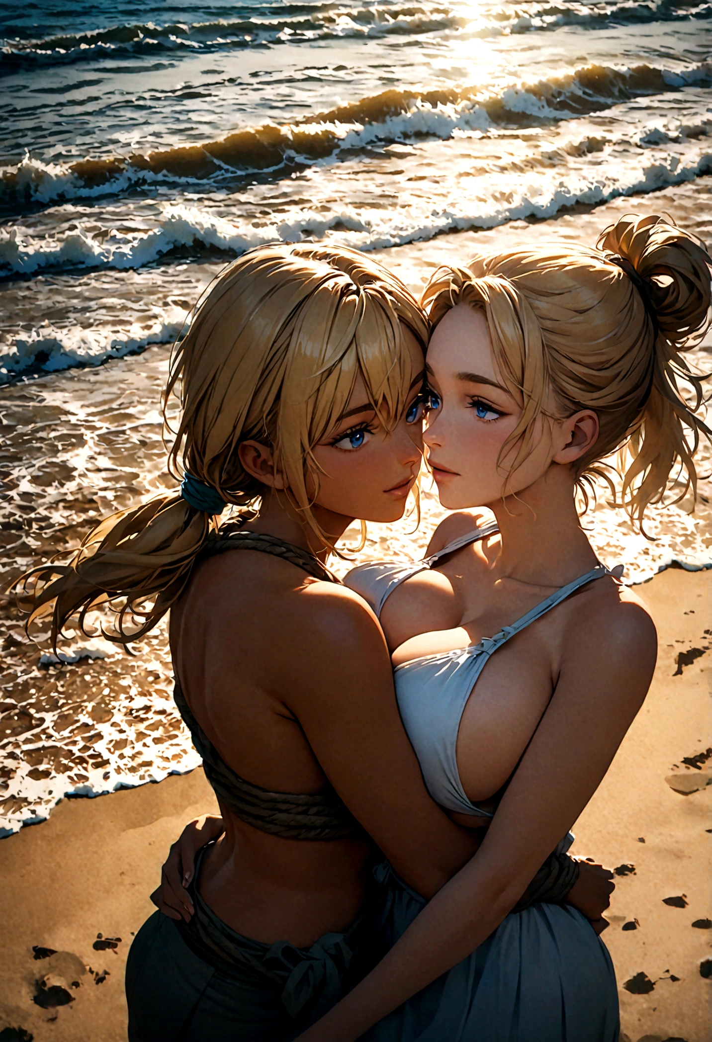 A couple of a tanned man with short blonde hair and a white woman with blonde hair tied up, blue eyes, and big breasts hugging each other in the middle of the beach during the day.