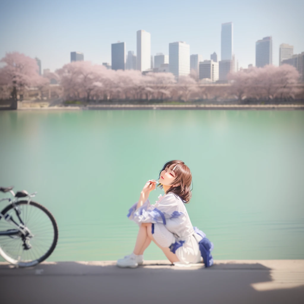 湖のそばのベンチにSitting女性がいます, Sunny environment, Sit near the river, eat, High quality upload, インスタグラムのphotograph, With the city in the background, Portraiture!!, Sitting, Sitting in front of the lake, promotion, トレンドphotograph, photograph, Instagram Post, インスタグラムのphotograph, Descriptive!!, In the city park
