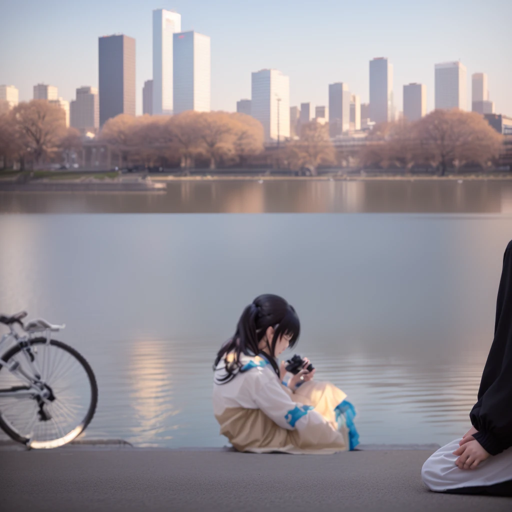 湖のそばのベンチにSitting女性がいます, Sunny environment, Sit near the river, eat, High quality upload, インスタグラムのphotograph, With the city in the background, Portraiture!!, Sitting, Sitting in front of the lake, promotion, トレンドphotograph, photograph, Instagram Post, インスタグラムのphotograph, Descriptive!!, In the city park