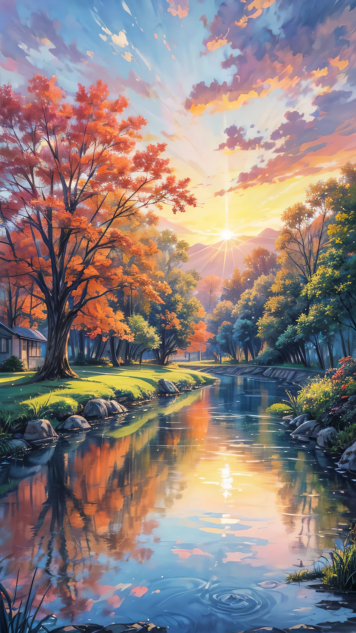 Impressionist Watercolor Landscape，Depicting a country house，Sitting precariously on a quietly flowing river, The setting sun creates a colorful canvas in the sky、The light of the surrounding trees々As if reflected in the calm water, Quaint Residence, Quiet River, sunset sun, vibrant sunset, Rich natural environment, twilight, Pattern texture, luxuriant, gentle, Reflections on the water, Warm colors, Rich brushstrokes, Dreamy atmosphere, Gradient sky, soft light, Artistic Impression