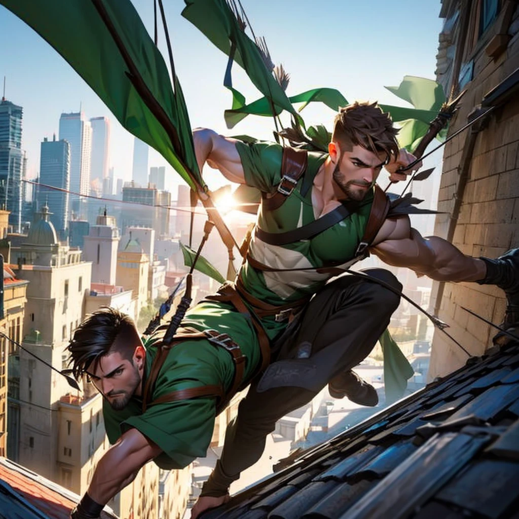 In movement ,in action , 8k, high quality , very well detailed face , detailed fingers ,detailed muscles, detailed background,  stephen amell as green arrow , wearing dark green outfit, showing a dark blond short hair WITH FADE AWAY , a well groomed facial hair , a bulge ,hunk and handsome, using his bow and arrow , aiming with his bow and arrow toward the ennemy,in action , jumping from roof to roof , in the air  , with the quiver on his back full of arrows, background cityscape at DAY LIGHT 