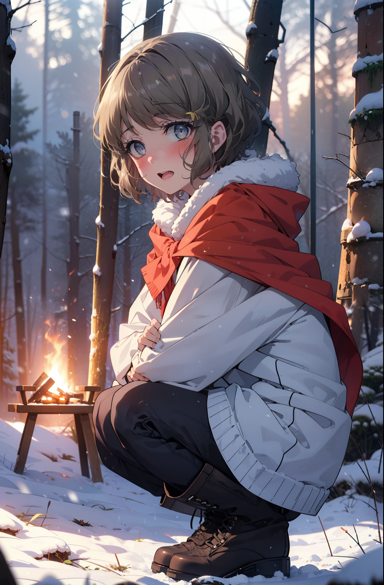 tomoekoga, Chie Koga, short hair, Brown Hair, blue eyes, hair band,smile,blush,White Breath,Mid-chest,
Open your mouth,snow,Ground bonfire, Outdoor, boots, snowing, From the side, wood, suitcase, Cape, Blurred, having meal, forest, White handbag, nature, Squat, Mouth closed, Cape, winter, Written boundary depth, Black shoes, red Cape break looking at viewer, Upper Body, whole body, break Outdoor, forest, nature, break (masterpiece:1.2), highest quality, High resolution, unity 8k wallpaper, (shape:0.8), (Beautiful and beautiful eyes:1.6), Highly detailed face, Perfect lighting, Highly detailed CG, (Perfect hands, Perfect Anatomy),