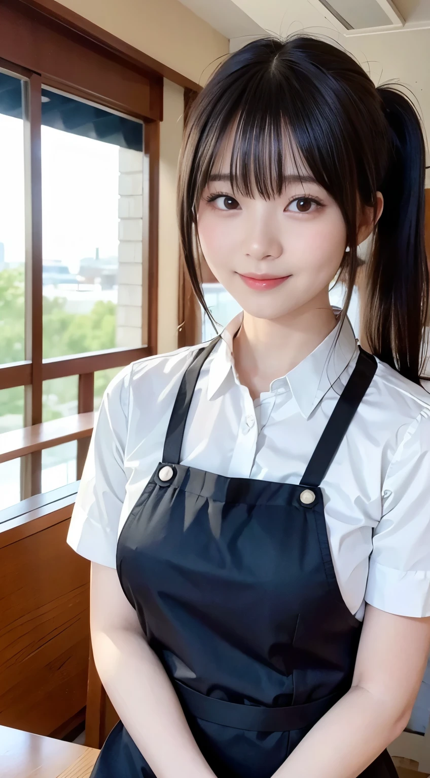 (highest quality,masterpiece:1.3,Ultra-high resolution,),(Very detailed,Caustics),(Realistic:1.4,RAW shooting,)Ultra-Realistic Capture,Very detailed,High resolution 16K human skin closeup。 Natural skin texture、,pores、、、、It must be detailed enough to be easily identifiable。 Skin tone is even and healthy looking。 Use natural light and color,restaurant,Waitress Uniform,1 girl,Japanese,18-year-old,cute,Black-haired,ponytail,Big Breasts,smile,Turn your body forward,(Front view:1.1),Looking into the camera,Cowboy Shot,