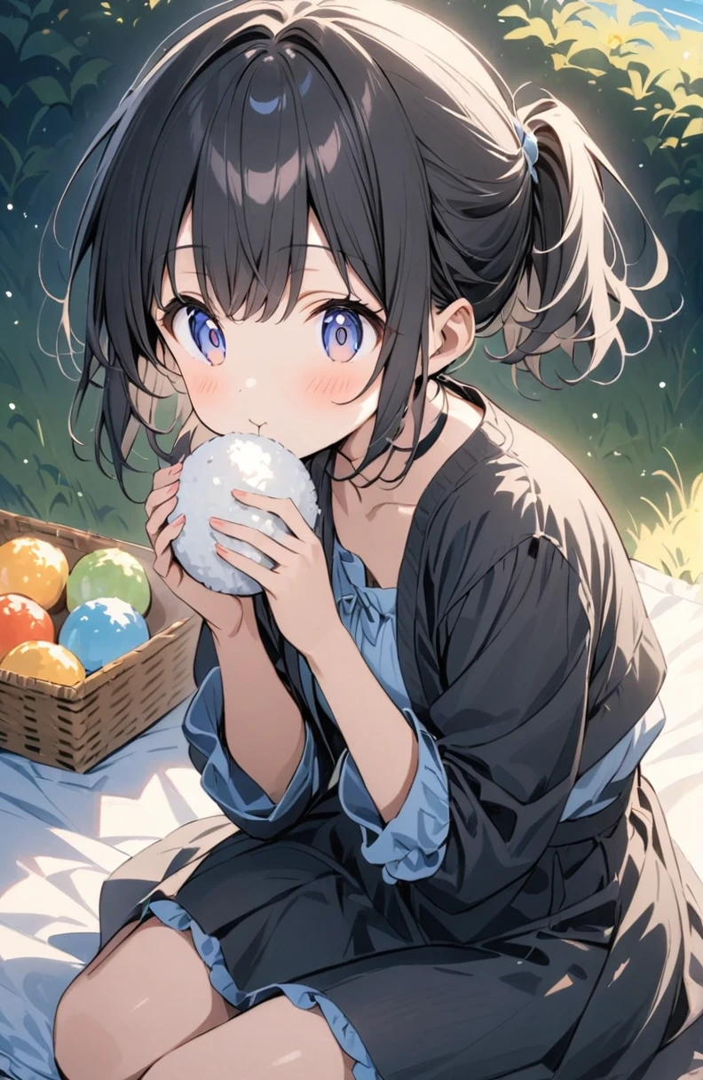 (masterpiece:1.2),(anime),A girl eating rice ball、picnic、Blue sky and grassland、sitting on a picnic sheet、cute、Black Hair、Short Ponytail、A girl eating rice ball、picnic、Blue sky and grassland、cute、Black Hair、Short Ponytai、
