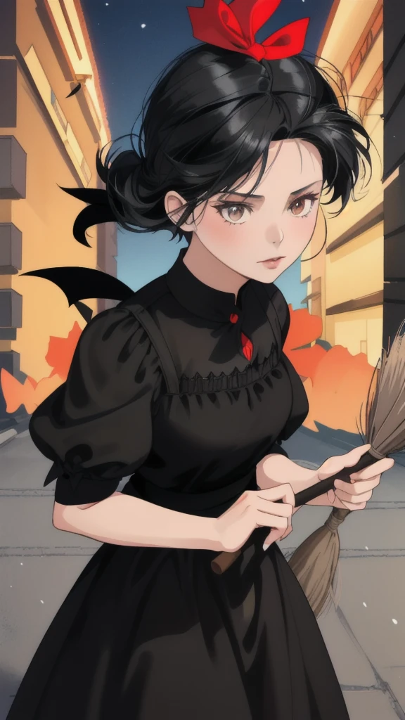 Ghibli-style animation. The Witch's Delivery Service. In the streets of Sweden. A girl. A black dress. Black hair. Short cut. A big red ribbon on her head. A broom in her hand. High quality. 4K quality