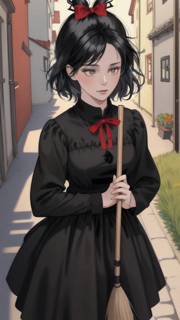 Ghibli-style animation. The Witch's Delivery Service. In the streets of Sweden. A girl. A black dress. Black hair. Short cut. A big red ribbon on her head. A broom in her hand. High quality. 4K quality
