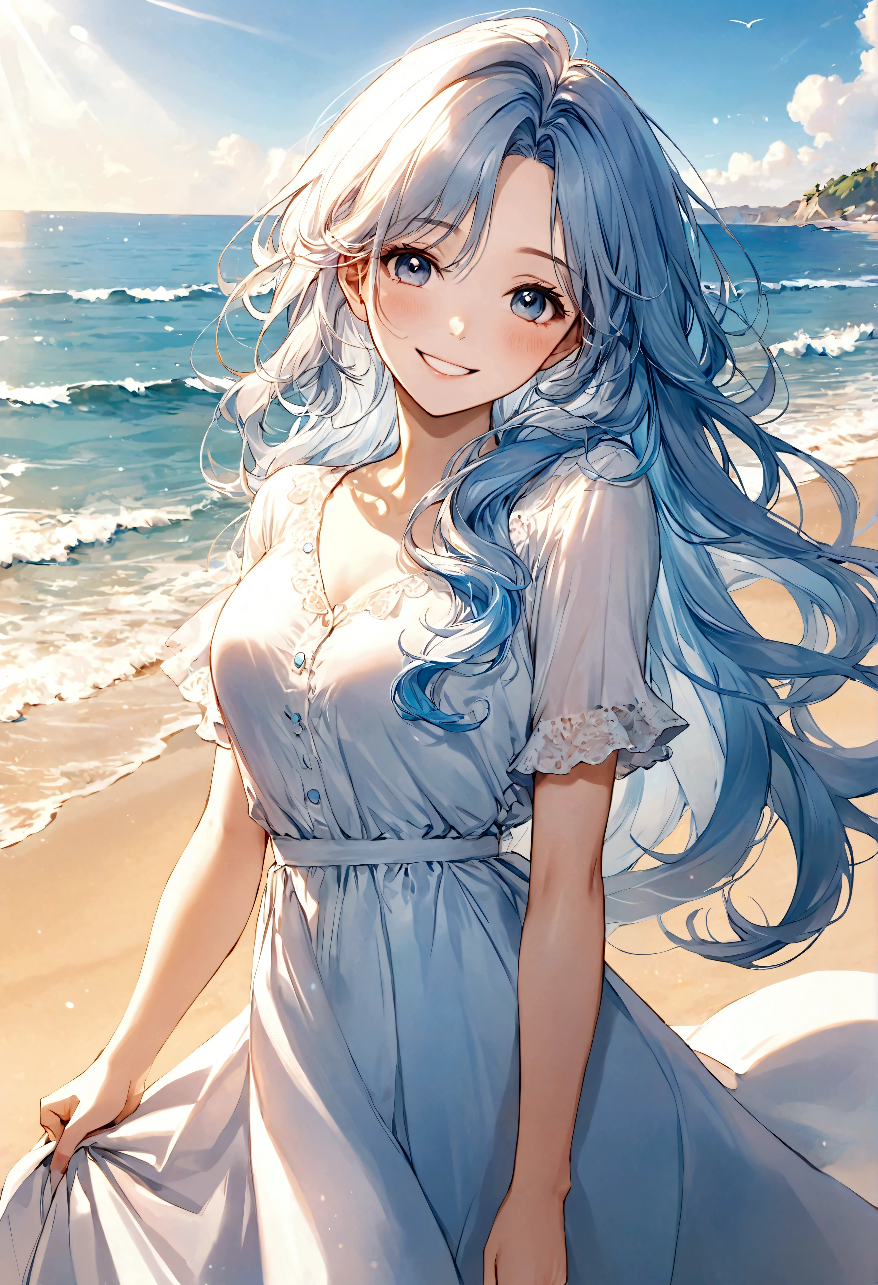 masterpiece,Ultra Detailed,Beautiful lady, Light blue long hair,Long wavy hair, beach,sunny,elegant smile, sweet smile, Relaxed expression, Fair skin