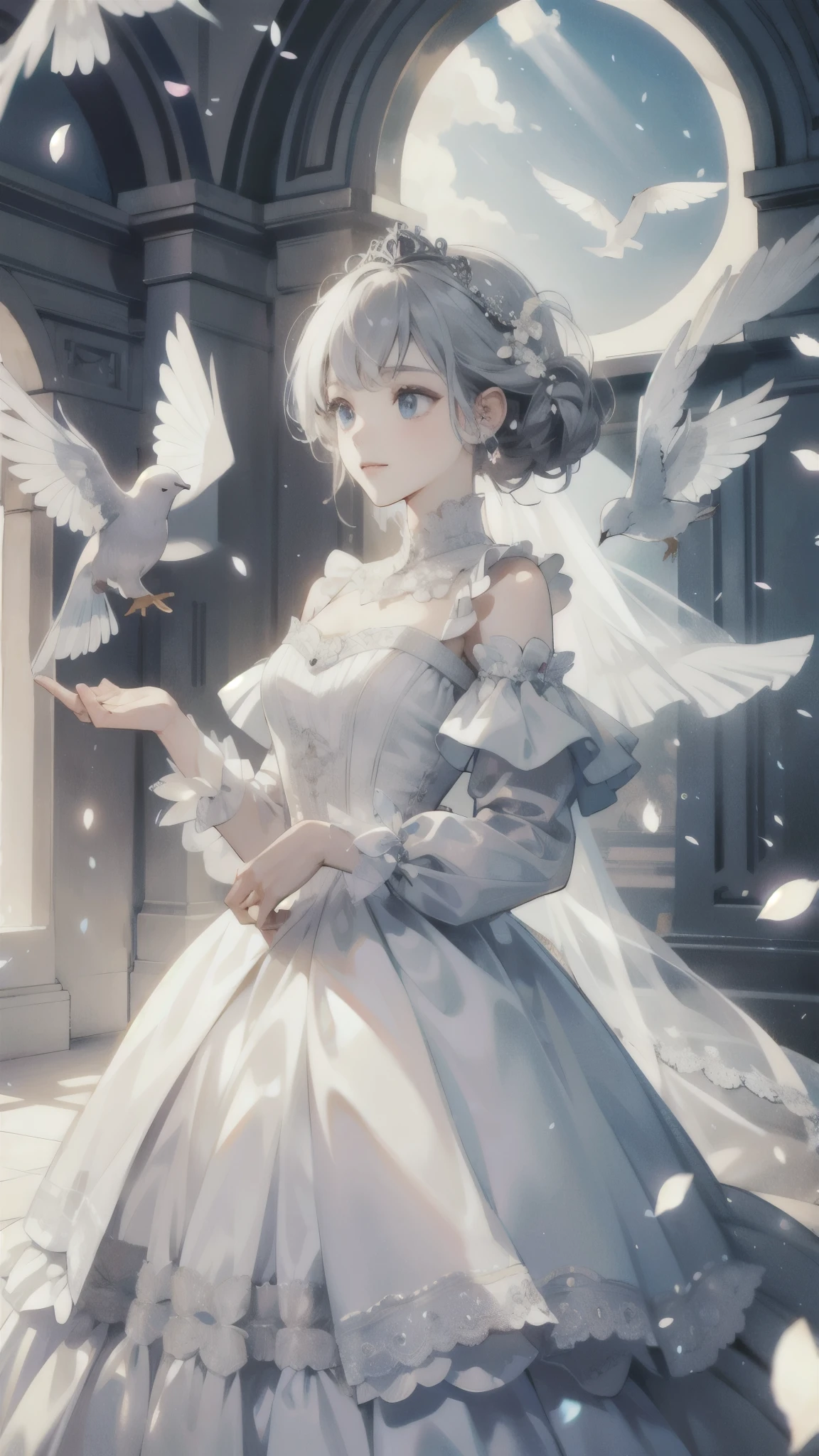 ((best quality)), ((masterpiece)) WEDDING PRINCESS DRESS, light ray, lens flare, white petals, doves