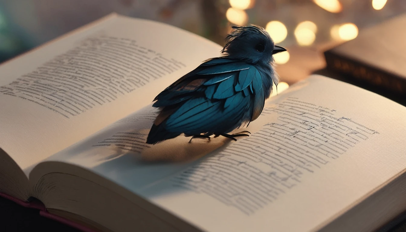 masterpiece, 4k, sharp focus, highest quality,wide shot. Imagine a book cover that conveys a sense of nostalgia and storytelling. The title of the book is " Penamemoria". Is a book about the creative, unique journey of a boy into becoming a musician storyteller. In his journey he finds a magical feather and a dreamy bird. Minimalistic, modern, dreamy logotype at the bottom of the book cover
