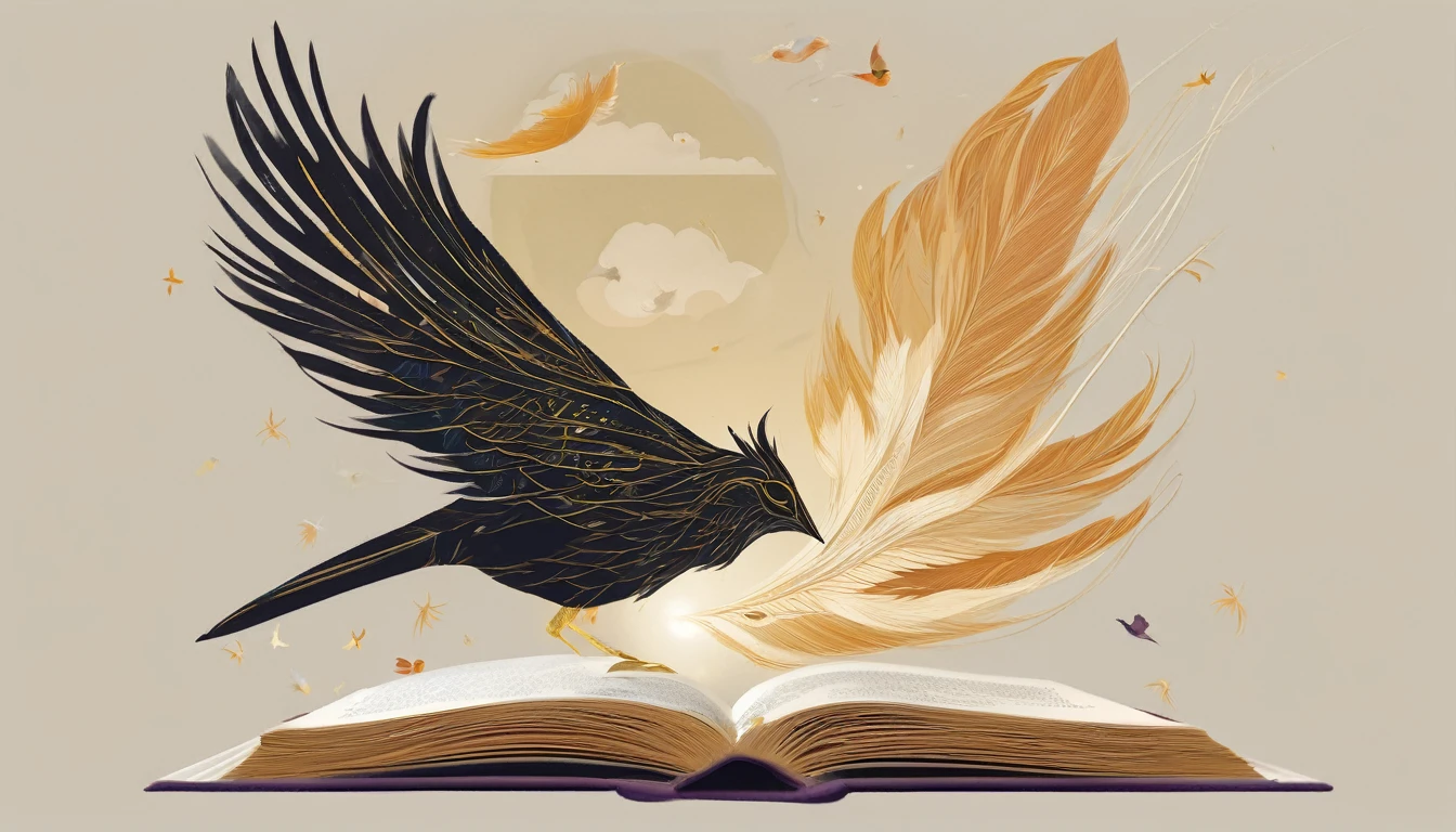 masterpiece, 4k, sharp focus, highest quality,wide shot. Imagine a book cover that conveys a sense of nostalgia and storytelling. The title of the book is " Penamemoria". Is a book about the creative, unique journey of a boy into becoming a musician storyteller. In his journey he finds a magical feather and a dreamy bird. Minimalistic, modern, dreamy logotype at the bottom of the book cover
