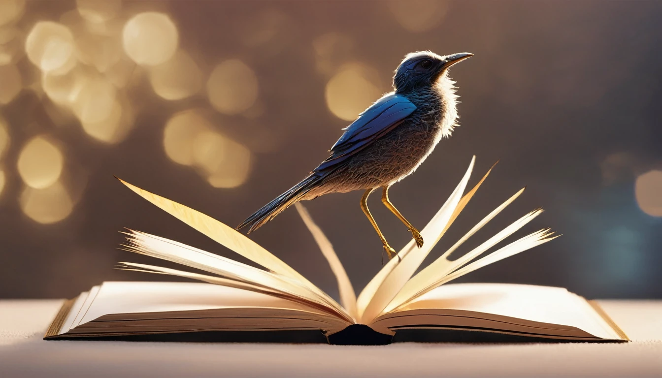 masterpiece, 4k, sharp focus, highest quality,wide shot. Imagine a book cover that conveys a sense of nostalgia and storytelling. The title of the book is " Penamemoria". Is a book about the creative, unique journey of a boy into becoming a musician storyteller. In his journey he finds a magical feather and a dreamy bird. Minimalistic, modern, dreamy logotype at the bottom of the book cover