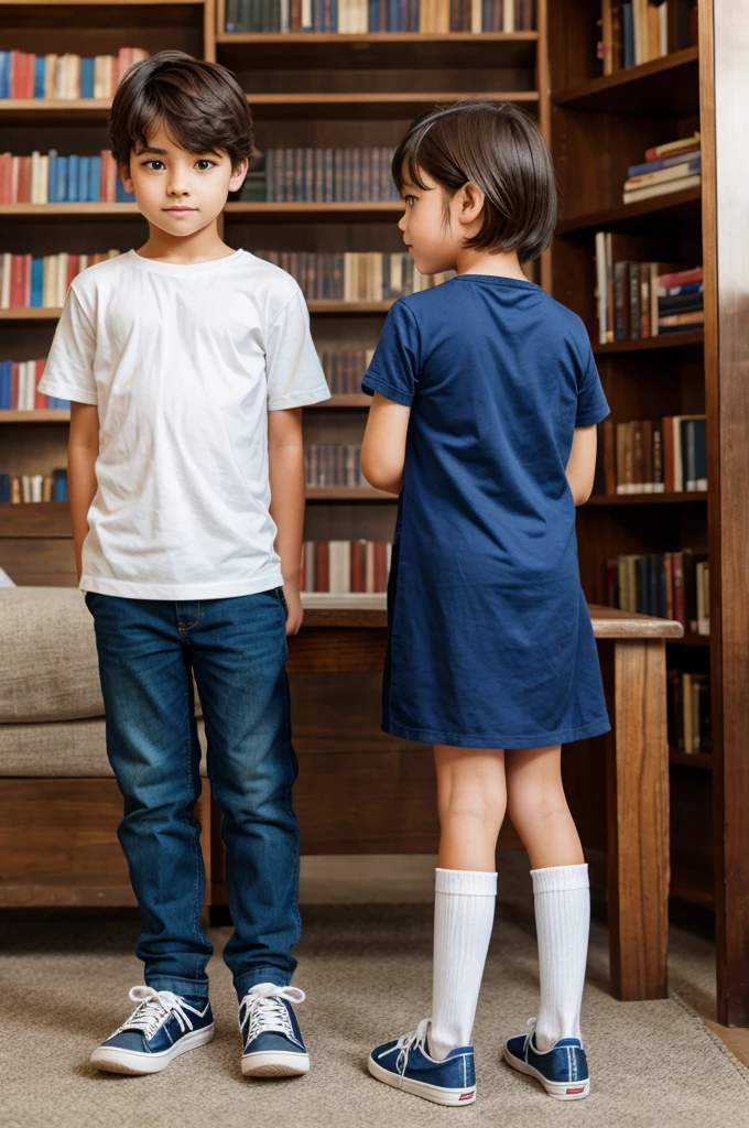 A boy stand behind a girl stand with Book