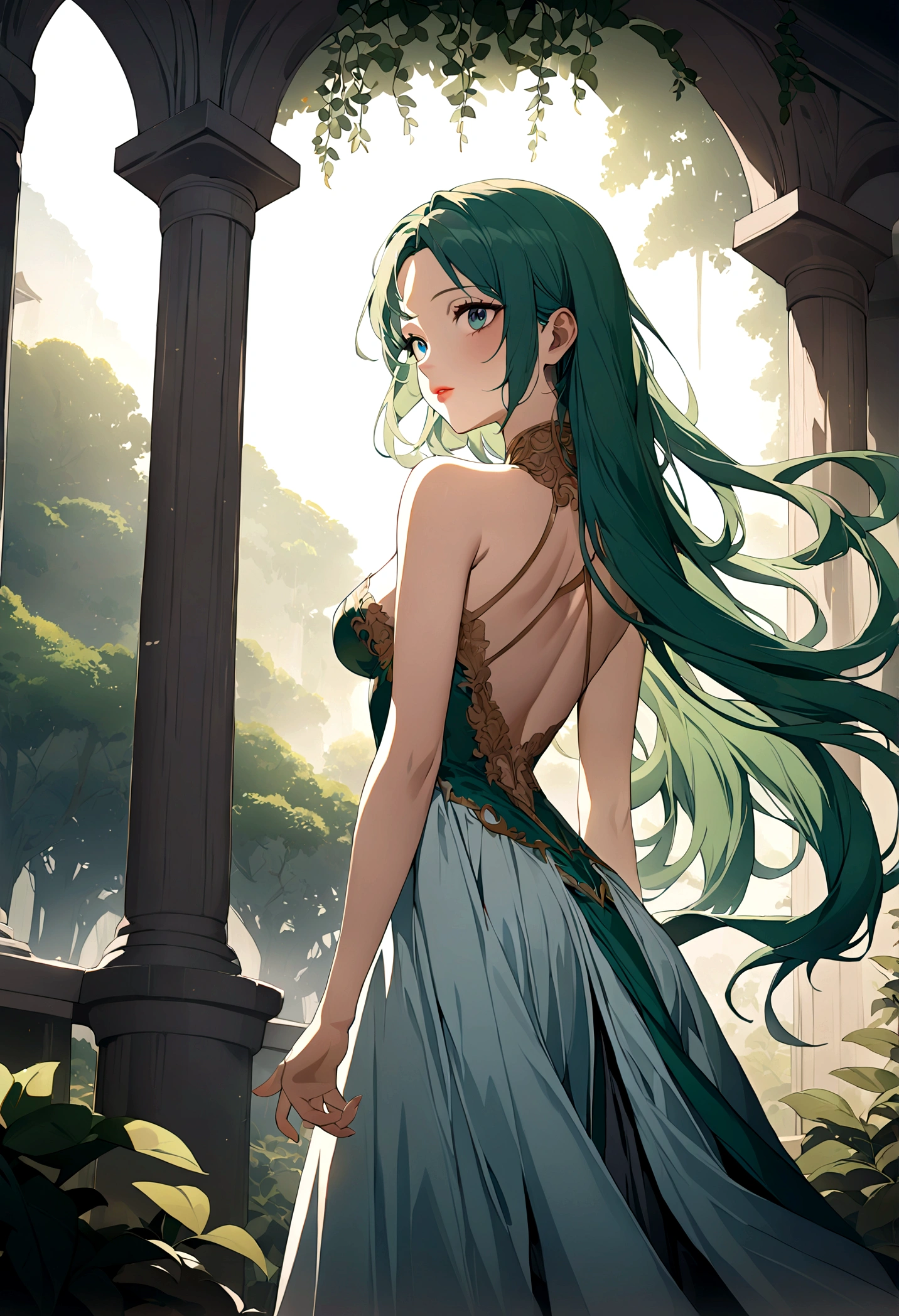 1girl, A woman in a garden, Back View, long flowing hair, delicate shoulders, intricate dress, sunlight filtering through trees, lush greenery, dreamy atmosphere, beautiful detailed face, beautiful detailed eyes, beautiful detailed lips, extremely detailed rendering, vivid colors, dramatic lighting, cinematic composition, fantasy art style, masterpiece, best quality, very aesthetic, absurdres