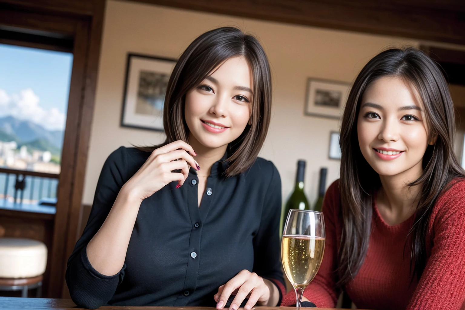 ((highest quality、8k、masterpiece:1.3))、1 male、1 female、Couple、spouse、Couple、The body is slim、((Bob Hale、Straight hair:1.2)), (Realistic, Intricate details:1.2), テーブルの上のwine glass、Put the light on your face、 Amazing view of the sunset sky and clouds、Amazing mountain views、A bright smile、The wonderfulness of smile、Bright image、The beauty of wine, Beautiful Face, blue eyes, The light shines on your face, Blushing, short hair,Bright Face、 (Age 37), 39 years old, red wine 、Appetizers、Italian food、Wine bottle、Champagne、sparkling wine、Two beauties、Brown Hair、Shortcuts、Long sleeve shirt、dress、Pretty Woman 1, (slimな顔), (The body is slim), (Brown Hair), (Shortcuts), cheeks turn a little red,Attractive beauty、restaurant, In a prominent place (From the waist up) Nova Frog Style, actress, model, Upper Body, White wine, slim, wine glass, 中央に置かれたwine glass, smile, (smile: 1.15), Beautiful fine grain, Depth f/2,saturation, High Contrast, Strong light and shadow,Moist Body:1.5、3D texture、Delicate eyes、Brown Hair、The hair is very shiny、