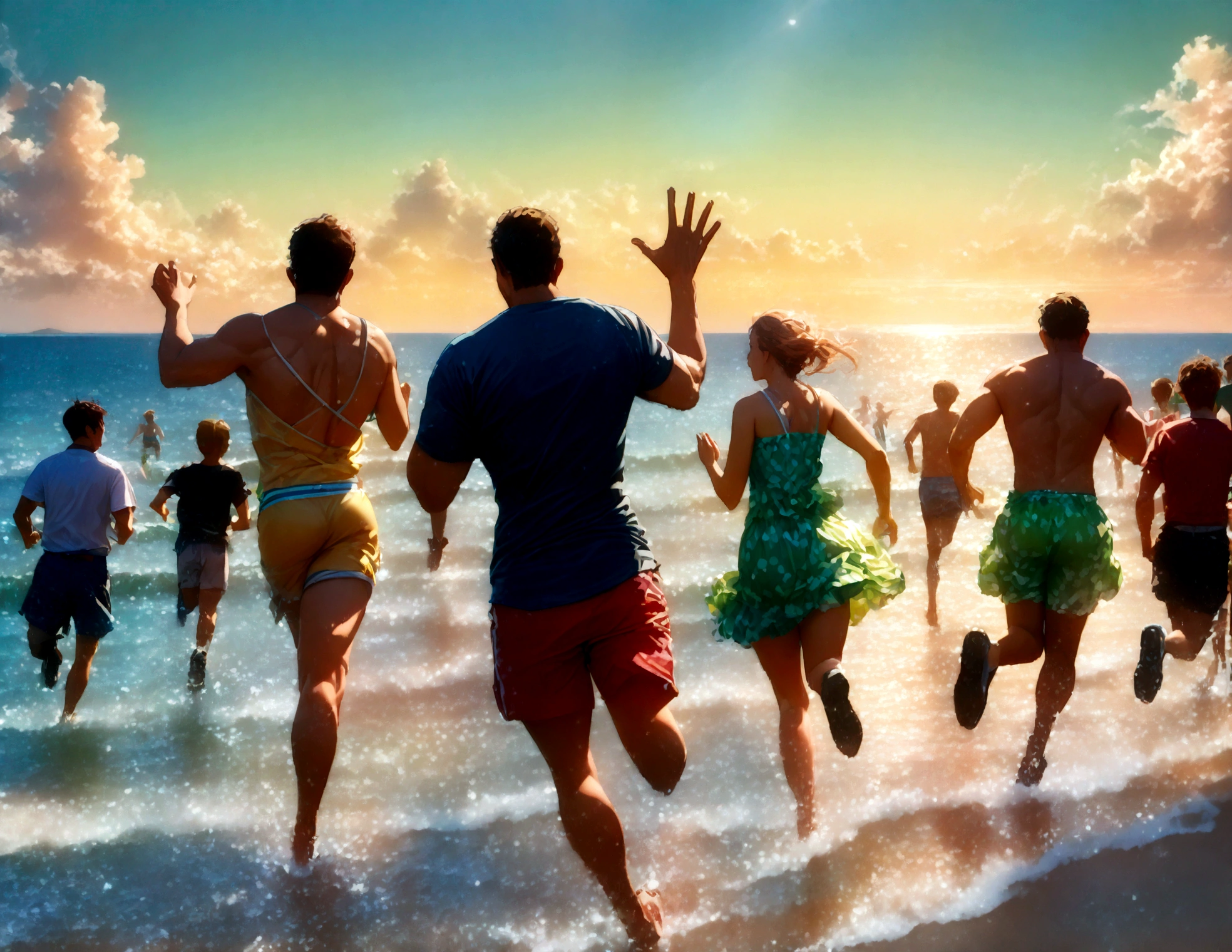 summer beach landscape photography,Beautiful sandy beach and emerald green sea,horizon,((A group of young people running towards the sea)),((Show your back: Rear view)),(Sprint towards the sea as fast as you can,I feel like jumping into the sea as soon as possible),fine,summer clothes,dynamic pose,dynamically,raise your hand,looks fun,anatomically correct,This is an image of the start of a fun summer.,Photoreal,realistic skin texture,draw hair delicately,Beautiful men and women,Men should be moderately muscular, women should have perfect proportions.,The sea surface sparkles reflecting the summer sunlight.,Contrail in the summer blue sky,(masterpiece:1.3),(highest quality:1.4),(ultra detailed:1.5),High resolution,extremely detailed,unity 8k wallpaper,Make white and blue the main colors,Summer color balance,perfect anatomy