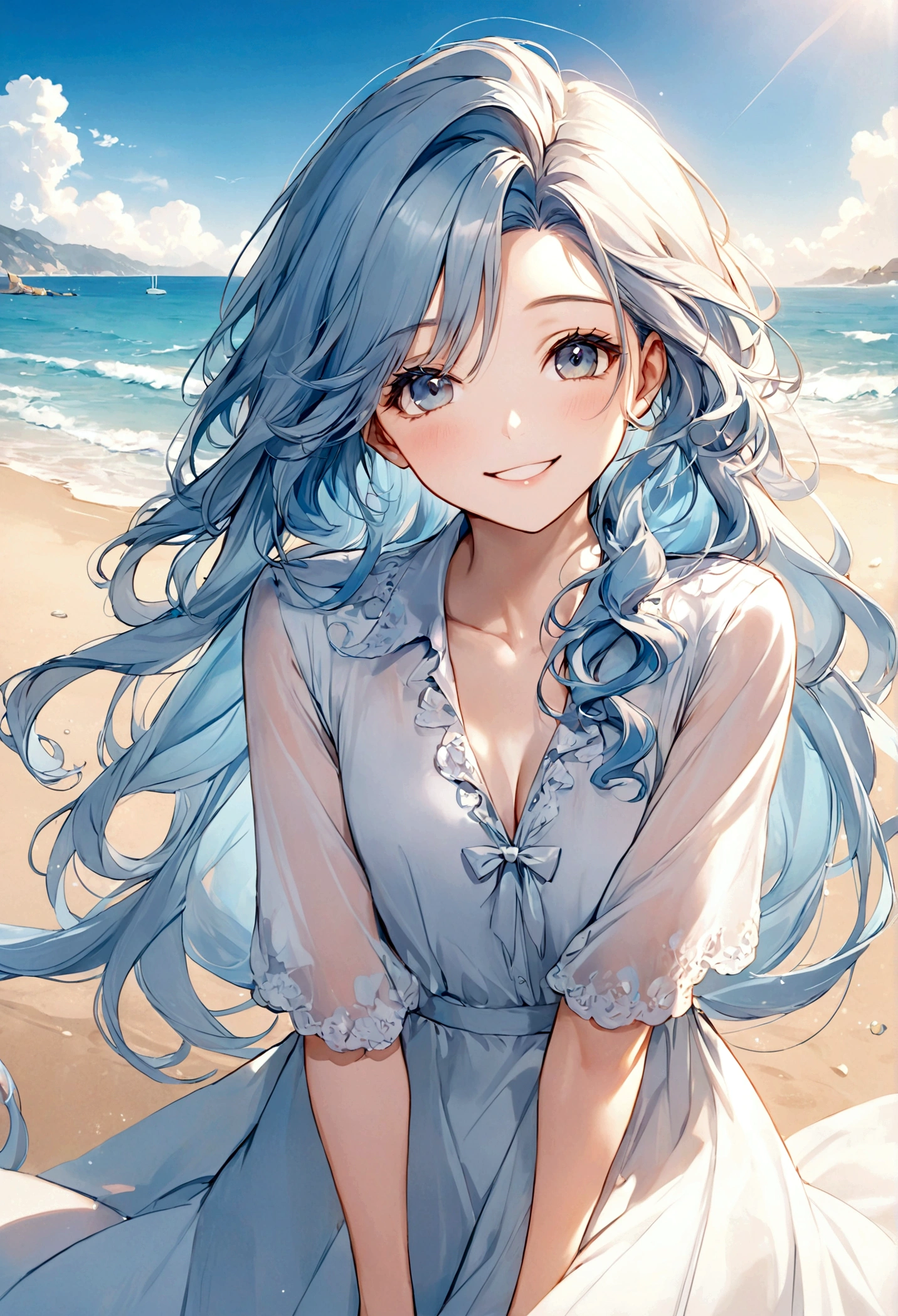 masterpiece,Ultra Detailed,Beautiful lady, Light blue long hair,Long wavy hair, beach，sunny，elegant smile, sweet smile, Relaxed expression, Fair skin