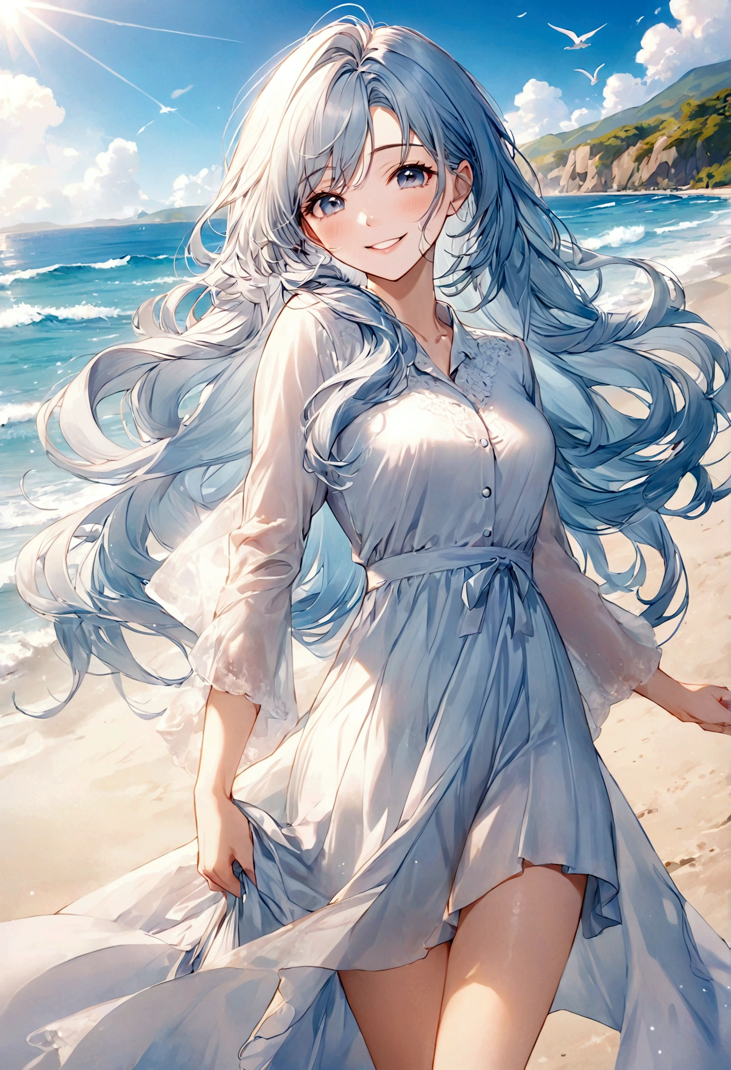 masterpiece,Ultra Detailed,Beautiful lady, Light blue long hair,Long wavy hair, beach，sunny，elegant smile, sweet smile, Relaxed expression, Fair skin