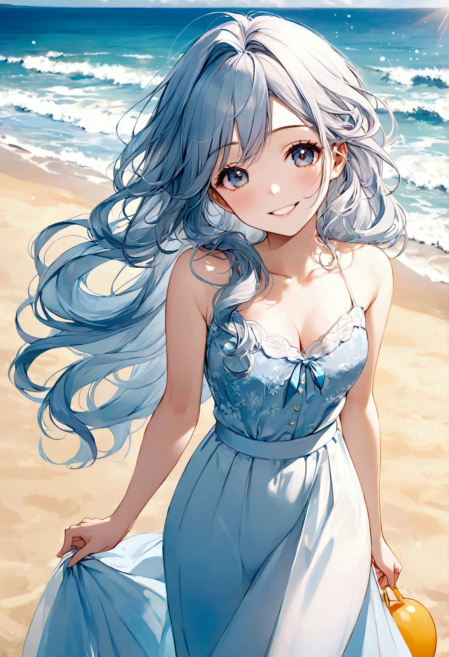 masterpiece,Ultra Detailed,Beautiful lady, Light blue long hair,Long wavy hair, beach，sunny，elegant smile, sweet smile, Relaxed expression, Fair skin