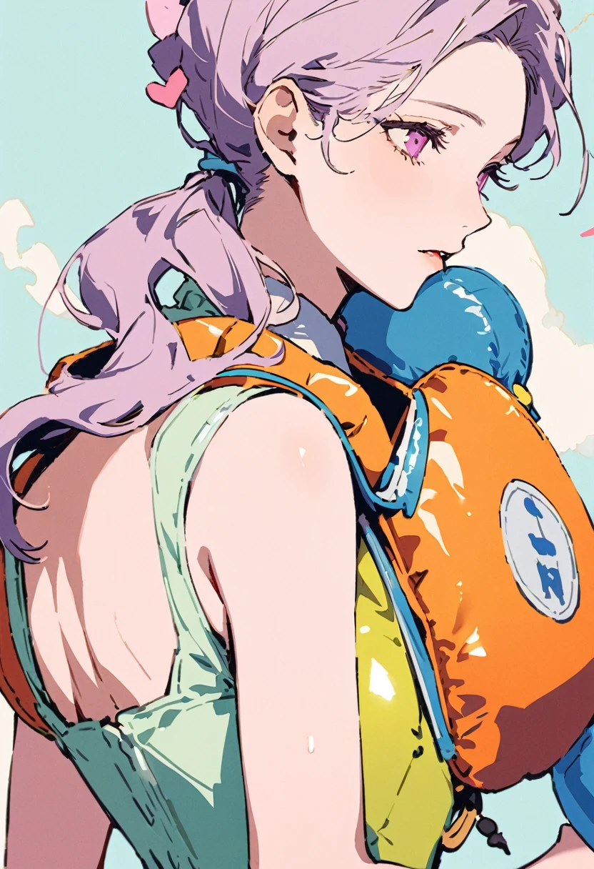 ((Back view)),masterpiece, highest quality, Illustration of the novel, High resolution, 18+ Adult content, Sensual, Intimate, Emotional, Passionate, romantic, sweet, Adorable, Innocent, Pure, Charmな, Charmな, Charm, Mysterious, Charmな, Charmな, Immersive, Charmな, dream-like, Surreal, Imaginative, Whimsical, artistic, Avant-garde, timeless, elegant, Sophisticated, chic, Sophisticated, personality, original, Charmな,((life vest,inflatable vest:1.3))、((Upper Body:1.3))