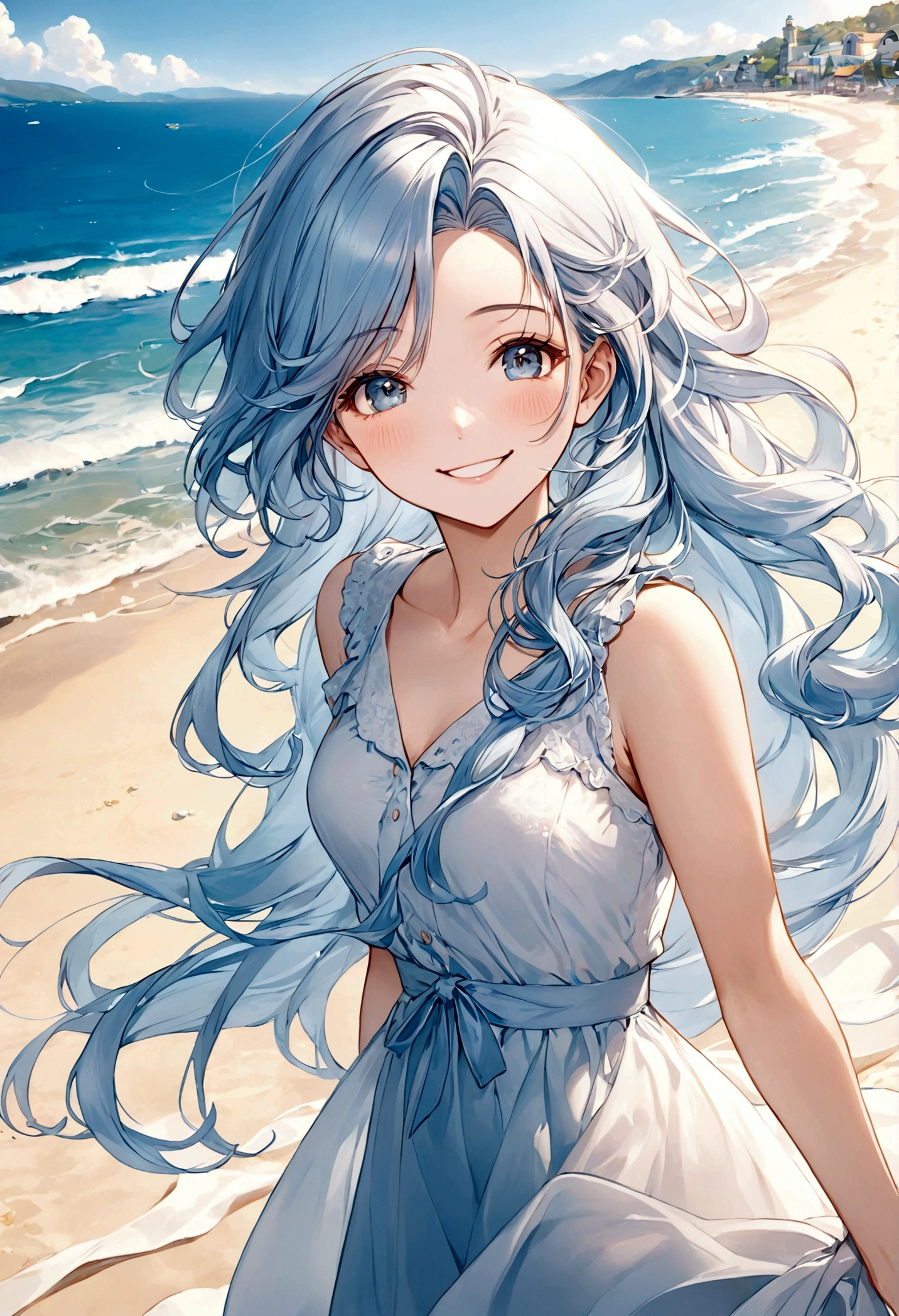 masterpiece,Ultra Detailed,Beautiful lady, Light blue long hair,Long wavy hair, beach,sunny,elegant smile, sweet smile, Relaxed expression, Fair skin