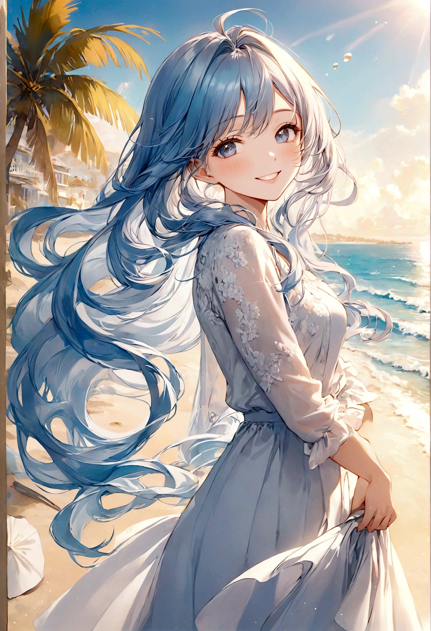 masterpiece,Ultra Detailed,Beautiful lady, Light blue long hair,Long wavy hair, beach，sunny，elegant smile, sweet smile, Relaxed expression, Fair skin