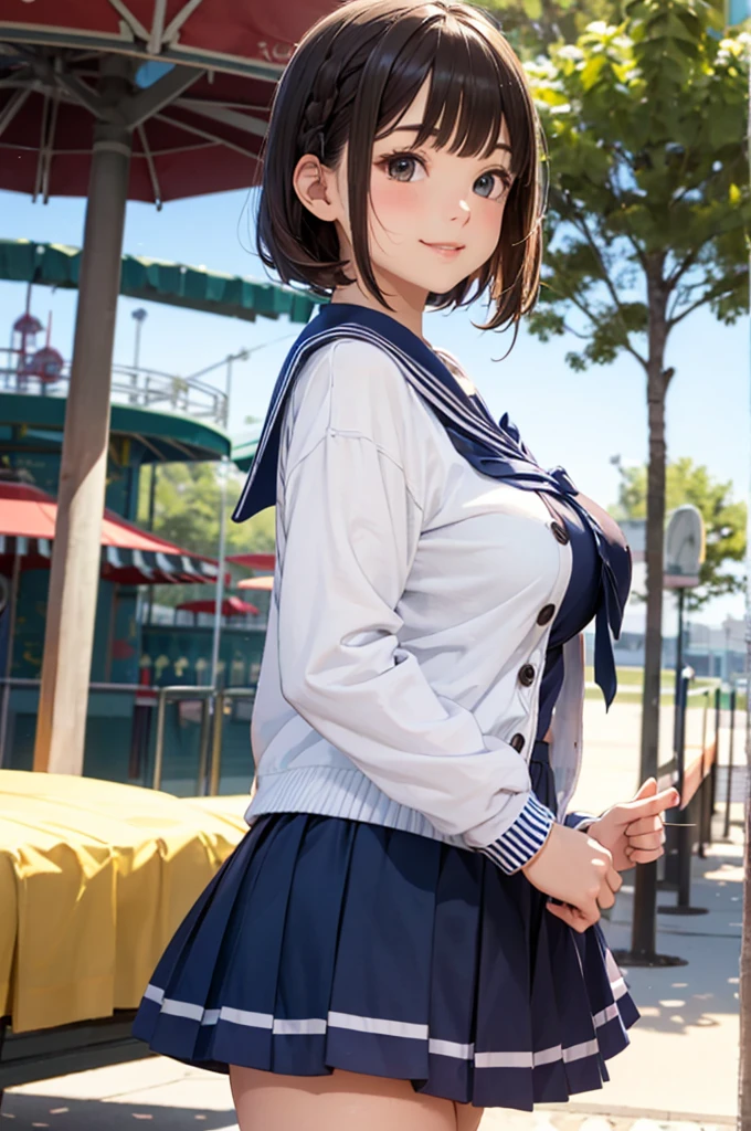 highest quality、High resolution、Detailed Background、Teenage Girl、Huge breasts、brown hair、Braided bob cut、Perfect body line、Calm atmosphere、Elegant and cute、Feminine atmosphere、cute gesture、A big smile、
Sheer sailor suit、light blue sailor color、Checkered pleated mini skirt、Cute School Cardigan、petticoat、White knee-high socks、Amusement park date、Sailor collar seen from the side