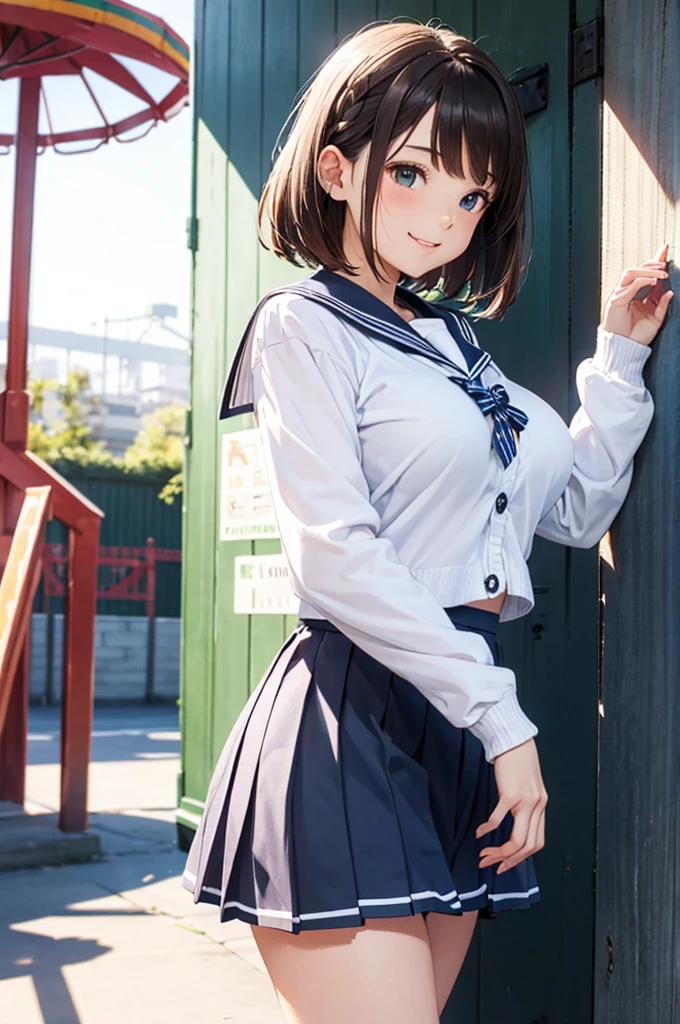 highest quality、High resolution、Detailed Background、 Girl、Huge breasts、brown hair、Braided bob cut、Perfect body line、Calm atmosphere、Elegant and cute、Feminine atmosphere、cute gesture、A big smile、
Sheer sailor suit、light blue sailor color、Checkered pleated mini skirt、Cute School Cardigan、petticoat、White knee-high socks、Amusement park date、Sailor collar seen from the side